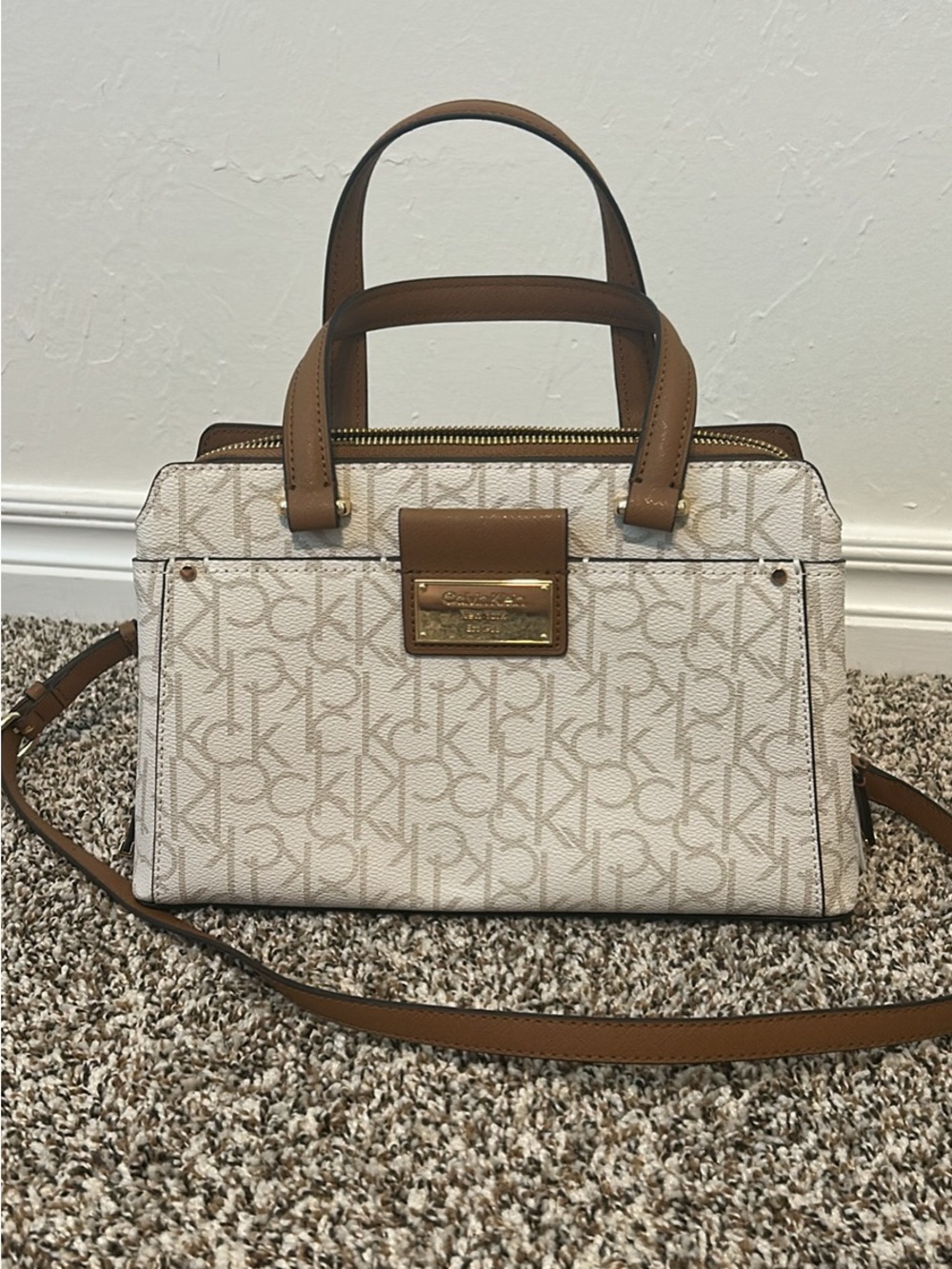 Calvin Klein Cream Monogram Satchel Crossbody Handbag with Brown Trim